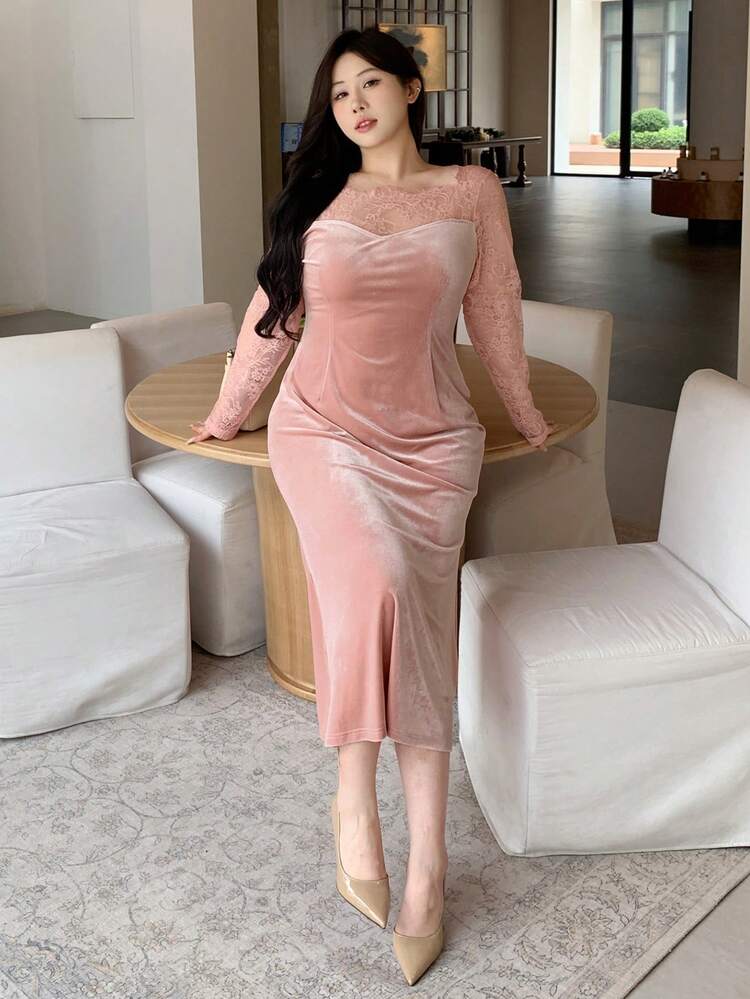 Dazy Plus Valentine Plus Size Women's Velvet Contrast Lace Bodycon Party Dress, Sexy & Stretchy For Dates Elegant Women Dresses Prom Dress - Pink - View 8