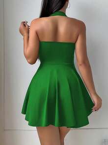 BamGleam 女士性感纯色露背吊带连衣裙，夏季 - 綠色 - 查看 5