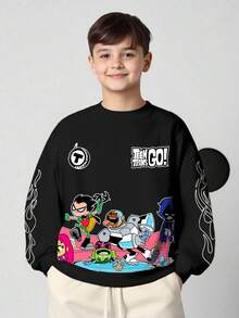 Teen Titans Go X SHEIN Áo nỉ cổ tròn in họa tiết hoạt hình và chữ cái thường ngày cho bé trai tuổi mới lớn, mùa thu - trắng - Xem 5
