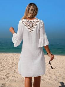 Swim Lushoire Women's Solid Crochet Lace Patchwork Flounce Sleeve Split Hem Bikini Cover Up For Beach Vacation Beach Coverups For Women White Beach Dress Women Boho White Dress Long Sleeve Summer Dress - White - View 3