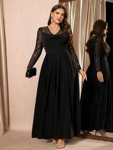 SHEIN Clasi 大码女式亮片网纱拼接长袖褶皱优雅连衣裙 - 黑色 - 查看 8