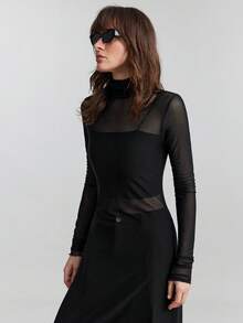 Ontre 2026春夏女装长袖收腰透视网纱中长连衣裙，优雅宽松版型，适合春夏穿着，场合：情人节、度假、派对、工作、办公室、商务休闲、日常穿着、都市时尚 - 藏蓝色 - 查看 2