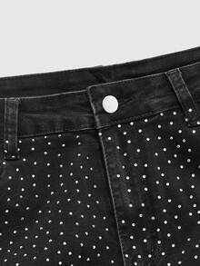 ROMWE MEN Street Life Men's Fashion Commuter Rhinestone Embellished Flared Jeans - Black - View 3