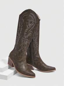 Daringsoles Giày bốt cao gót mũi nhọn kiểu Tây cho nữ, giày bốt cưỡi ngựa cao đến đầu gối thêu da lộn cho mùa thu/đông - Xám - Xem 2