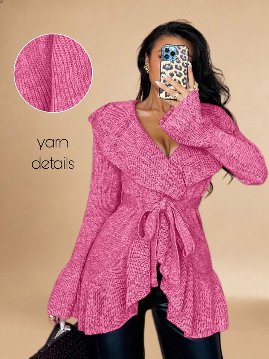 Rafferiza 女士简约优雅法式浪漫系带开衫 - 粉色 - 查看 1