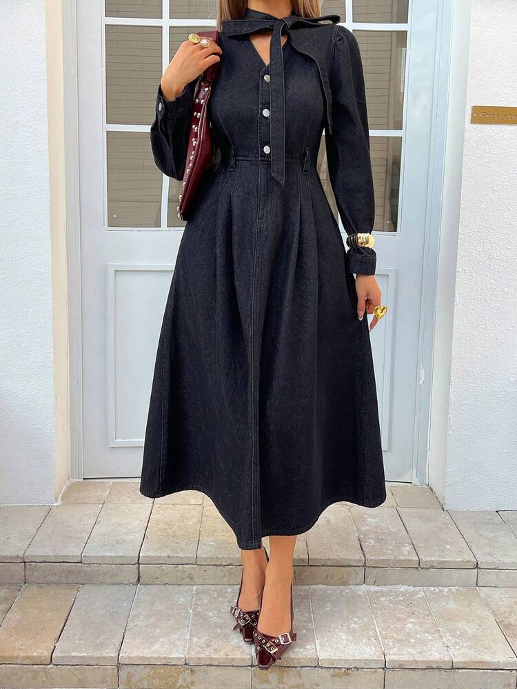Women's Elegant Denim Dress With Tie Collar, Waist Tie, And A-Line Dress, Long Sleeve Maxi Dress