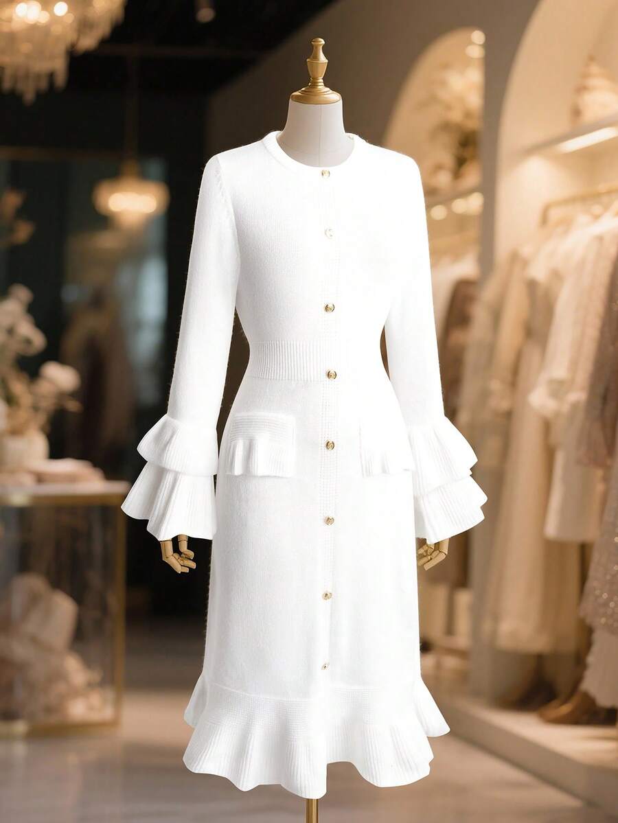 GlowEve CURVE Plus Size Women's Solid Color Round Neck Bell Sleeve Button Design Elegant Knitted Dress, Autumn/Winter