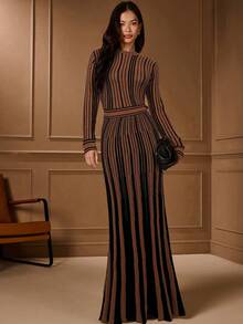 Lilora 优雅撞色圆领长袖长款毛衣连衣裙，秋冬款 - 彩色 - 查看 6