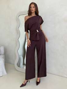 Aloruh 女士褶皱肩部咖啡色通勤上衣和裤子套装 - 咖啡棕 - 查看 3