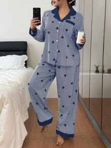 SHEIN Plus Size Contrast Color Collar Ruffle Heart Striped Long Sleeve Curve Pajamas Set Sleep Wear Women Set, Winter Clothes Wedding Valentine's Day - Blue - View 5
