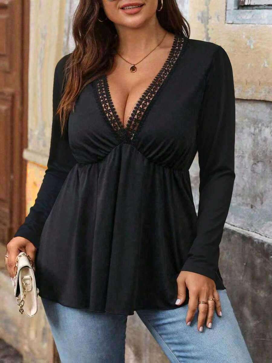 Vionelle Plus Size V-Neck Floral Trim Long Sleeve Cinched Waist Plus Size Hem Slim Fit T-Shirt For Women Plus Size Blouse Plus Size Women Tops Boho Plus Size Top Plus Size Deep V Neck Top - Black - View 1