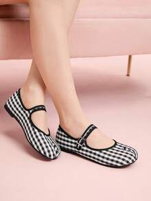 CUCCOO DOLLMOD Giày bệt Mary Jane kẻ caro đen trắng chia ngón dành cho nữ, phong cách cổ điển, đi làm - màu đen - Xem 5