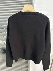 Chiquease 新款女士保暖圆领长袖毛衣，冬季必备，黑色上衣，黑色 - 黑色 - 查看 2