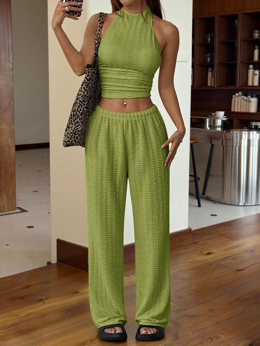 SHEIN EZwear 青柠绿针织女式休闲紧身两件套 - 青檸色 - 查看 1