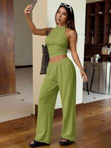 SHEIN EZwear 青柠绿针织女式休闲紧身两件套 - 青檸色 - 查看 3