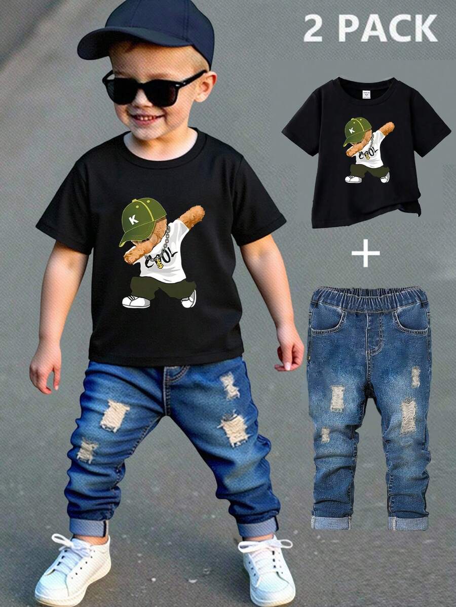 SHEIN 1 Set Kleine Jungen Lässig Mode Coole Street Style Bär Grafik Kurzarm T-Shirt und Jeans Outfit, geeignet für Frühling/Sommer - Verschiedenfarbig - Übersicht 1