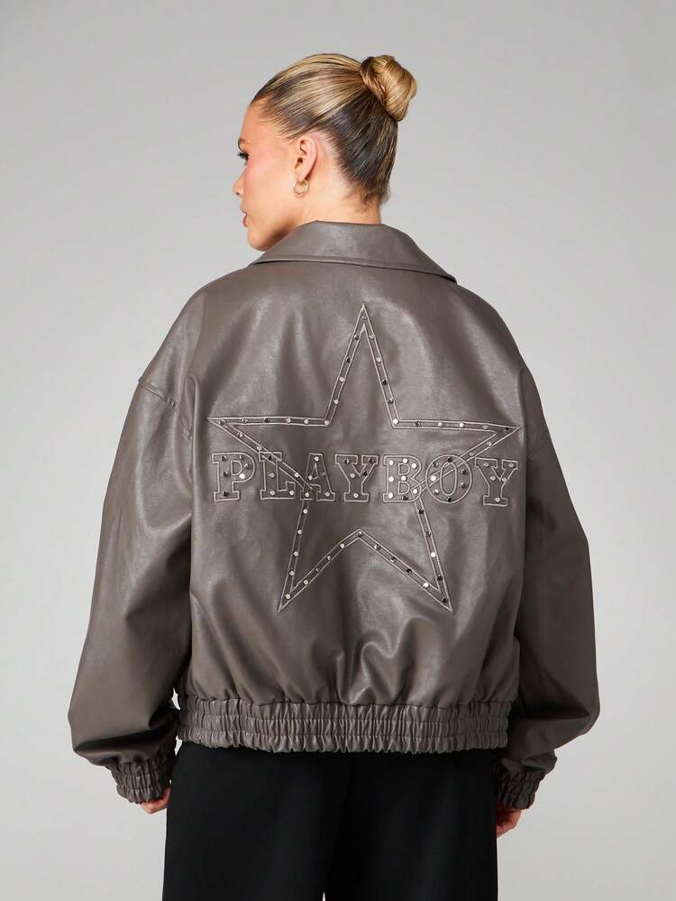 Missguided x Playboy Oversized Zip Through Collared Bomber Jacket With Star Logo Embroidered Back Design Ribbed Cuffs And Hem Fall Winter
