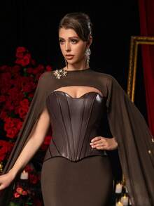 Glamrae Elegante, romántico, sexy, minimalista, marrón café, material de cuero, patchwork de satén, decoración de espina de pescado, cuello de chal de malla, decoración de flor de metal, bajo de cola de pez con cola, adecuado para todas las ocasiones formales, bodas, vestidos de cena de gala - Óxido marrón - Ver 3