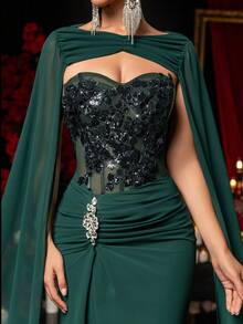 Glamrae Elegant Luxury Handmade Embroidered Sweetheart Collar Stand Collar, Heavily Embroidered With Rhinestones, Waist Pleats, Fishtail Hem Design Evening Gown, Business Formal Dress, Guest Dress, Evening Dress - Dark Green - View 1