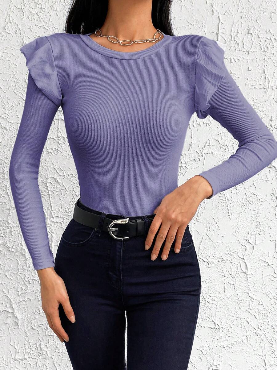 Cottnline 95% Cotton Ribbed Knit Ruffle Trim Tee - Lilac Purple - View 1