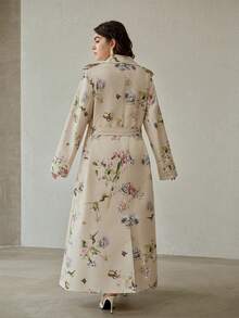 MOTF PREMIUM PLUS SIZE FLORAL PRINT LAPEL COLLAR SLANT POCKET BUCKLE BELTED LONGLINE TRENCH COAT