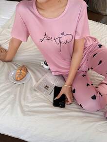 2pcs Women Letter & Heart Print Casual Pajama Set Pink Pajamas Set Cute Sleep Wear Women Curve Pajamas Set Heart Pajama Set Cute Lounge Wear - Pink - View 4