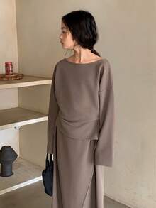 DAZY 2pcs/Set Tween Girls Crew Neck Knit Long Sleeve Top And Skirt Outfit, Fall