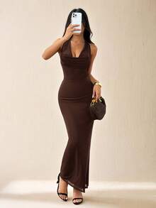 SHEIN PETITE Đầm dài cổ xếp ly lưới trơn màu thanh lịch dành cho nữ, phong cách nghỉ dưỡng, thích hợp cho kỳ nghỉ thu/đông - màu nâu - Xem 5