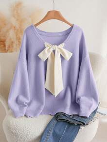 CosyJoli 大码休闲V领蝴蝶结系带宽松套头毛衣 - 紫丁香色 - 查看 3