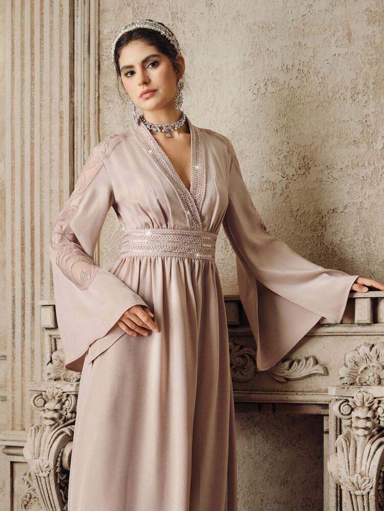 Elegant V-Neck Ribbon Placement Embroidered Dress For Women, Suitable For Party, Sequin, Wedding, Spring, Summer, Elegant, Valentine's Day, Carnival