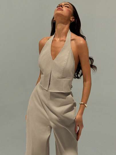 Aloruh Conjunto de camiseta sin espalda de cuello en V profundo y pantalones de pierna ancha, delgado y alto, adecuado para la oficina, el transporte y el uso casual, primavera/verano