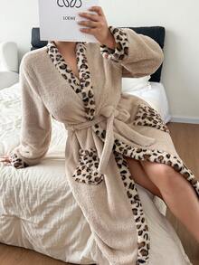 Dream Adore 加大码女士豹纹拼接珊瑚绒浴袍，加厚浴袍，蓬松猎豹纹浴袍，冬季 - 彩色 - 查看 6