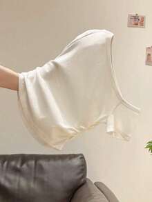 女士休闲纯色不对称领褶皱T恤，夏季 - 白色 - 查看 5