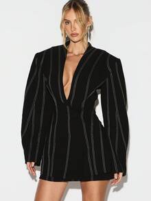 KIZN Váy Blazer có eo thắt nút, chi tiết khâu trắng, tay dài, váy ngắn màu đen cho buổi tối dự tiệc công sở mùa thu đông chuyên nghiệp - màu đen - Xem 1