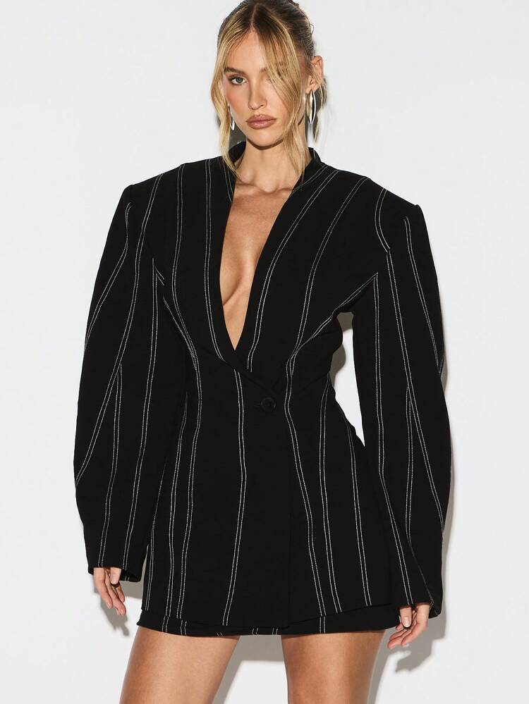 KIZN Blazer Dress With Cinched Waist White Stitch Detail Long Sleeve Mini Black Dress For Fall Winter Office Party Evening Professional