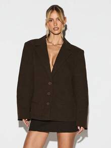 KIZN Oversized Wide Shoulder Lapel Blazer With Button Closure And Hip Length Silhouette For Fall Winter Business Casual Office Professional Formal Wear - Brown - View 1