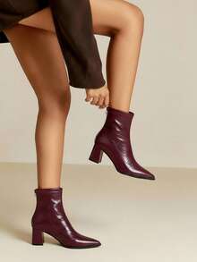 女士尖头踝靴，后拉链设计，时尚百搭，圣诞节必备 - 酒紅色 - 查看 4
