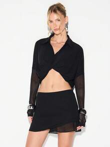 KIZN 层叠式A字迷你裙，带有透视网纱拼接和不对称裙摆细节，适合晚间场合 - 黑色 - 查看 1