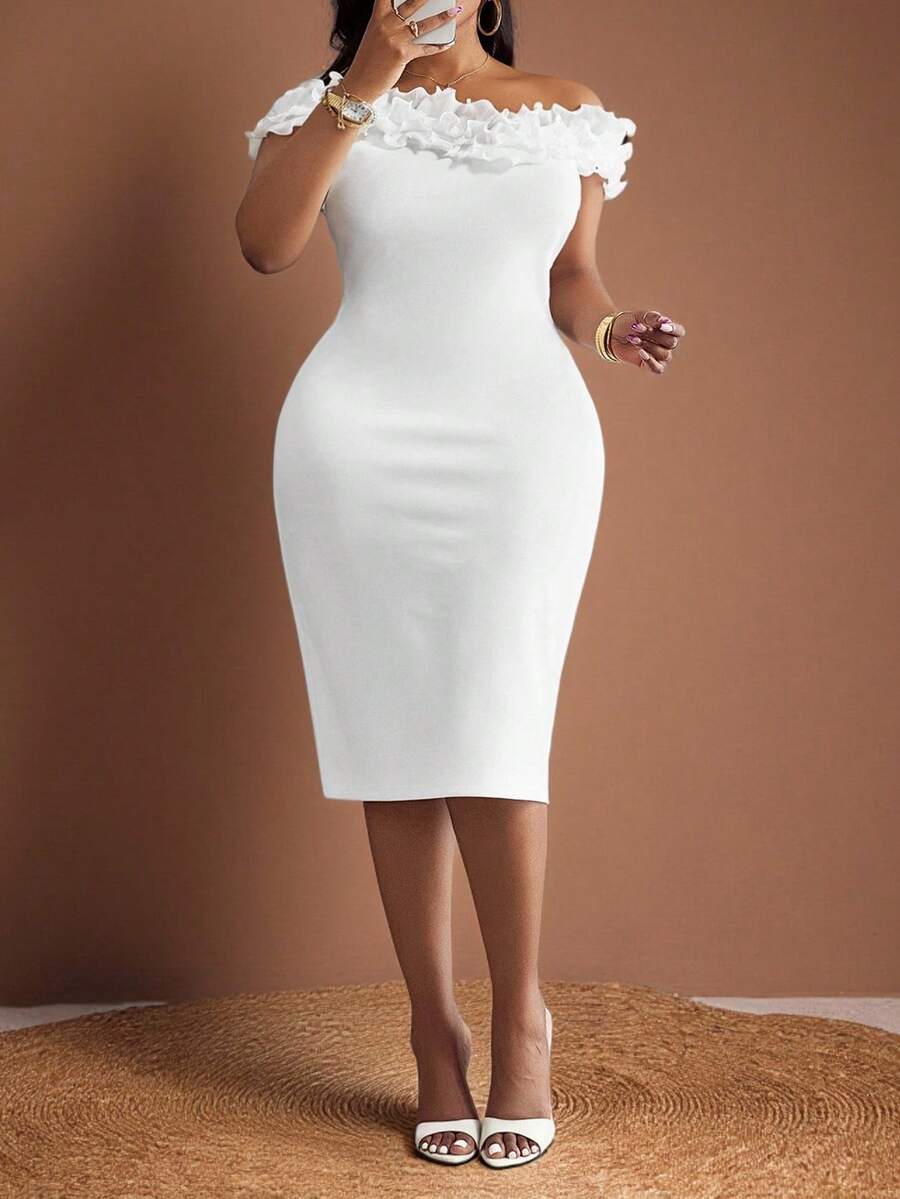 Veslaya Robe moulante blanche élégante pour soirée avec encolure en V, volants, dos nu, adaptée pour le printemps/été - Soirée - Blanc - Voir 1