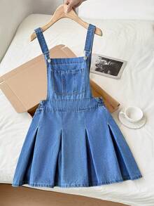 Comfortcana 大碼補丁貼口袋百褶下擺牛仔背帶裙不帶T恤 - 中等水洗藍 - 查看 1