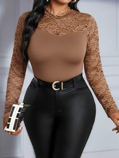 SHEIN Lady Spring, Summer, Autumn And Winter Lace Knitted Round Neck Long Sleeve Plus Size T-Shirt Spring Women Casual Top For Women