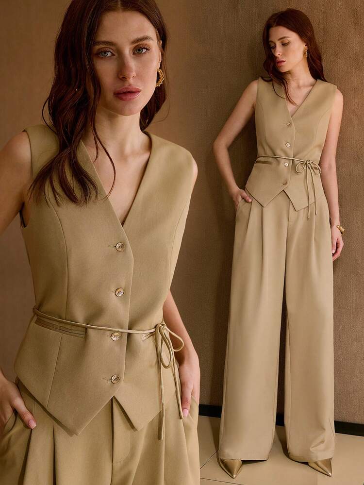 女性用エレガントサテンパッチワークリップポケットウエストボタン多機能カーキコミューターベスト