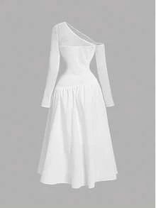 SHEIN MOD 白色不对称褶皱长袖连衣裙，华丽浪漫，女士早午餐装扮