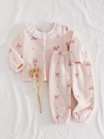 两件套女婴抓绒睡衣套装，可爱蝴蝶结领荷叶边甜美公主风儿童冬季开衫和裤子家居服