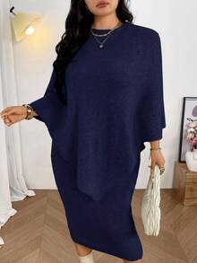Firerie Set de 2 piezas Suéter estilo poncho y vestido recto de cuello en V para mujer de talla grande, adecuado para el Día de San Valentín, conciertos, actuaciones, citas, cenas formales, galas, bodas, sexy, elegante, para ir al trabajo, vuelta al colegio, vacaciones, playa, romántico, para oficinista, estilo de sirena, fiesta de cumpleaños. Vestido de suéter de manga de murciélago, vestido elegante de dos piezas de manga larga cómodo para otoño/invierno - Azul Marino - Ver 5
