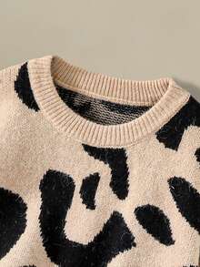 Sparklyn Girls Sweater & Pleated Skirt Set, Suitable For Halloween, Christmas, Holiday Matching, Cute Academic Style, Versatile All-Match Outfit Black Midi Skirt Pleated Skirt Black Cute Light Brown Sweater Cheetah Print Long Sleeve Top Leopard Print Sweater