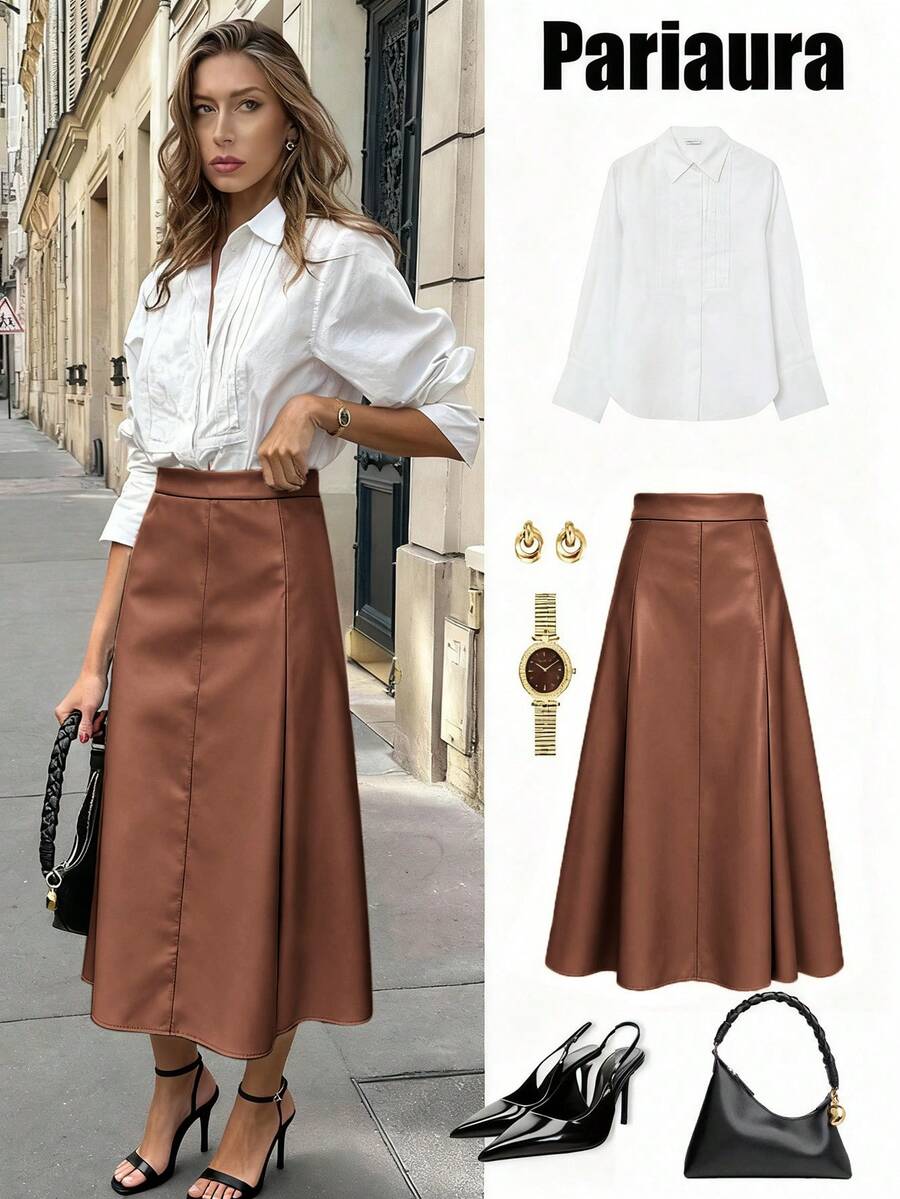 Pariaura Women's Solid Color A-Line Skirt, Suitable For Commuting - Chocolate Brown - View 1