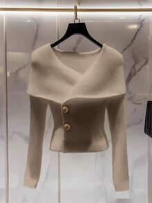 Franclia 女式简约时尚十字领纯色插肩袖金属纽扣修身开衫 - 杏色 - 查看 1