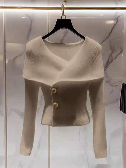 Franclia Women's Minimalist Fashion Cross Collar Solid Color Raglan Sleeve Metal Button Fitted Cardigan Tops For Women Elegant Square Neck Blouse Classy Top Crop Top Crop Blouse