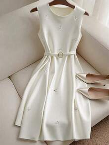 Franclia Women's Elegant Round Neck Sleeveless Rhinestone Embellished Summer Dress - Apricot - View 1